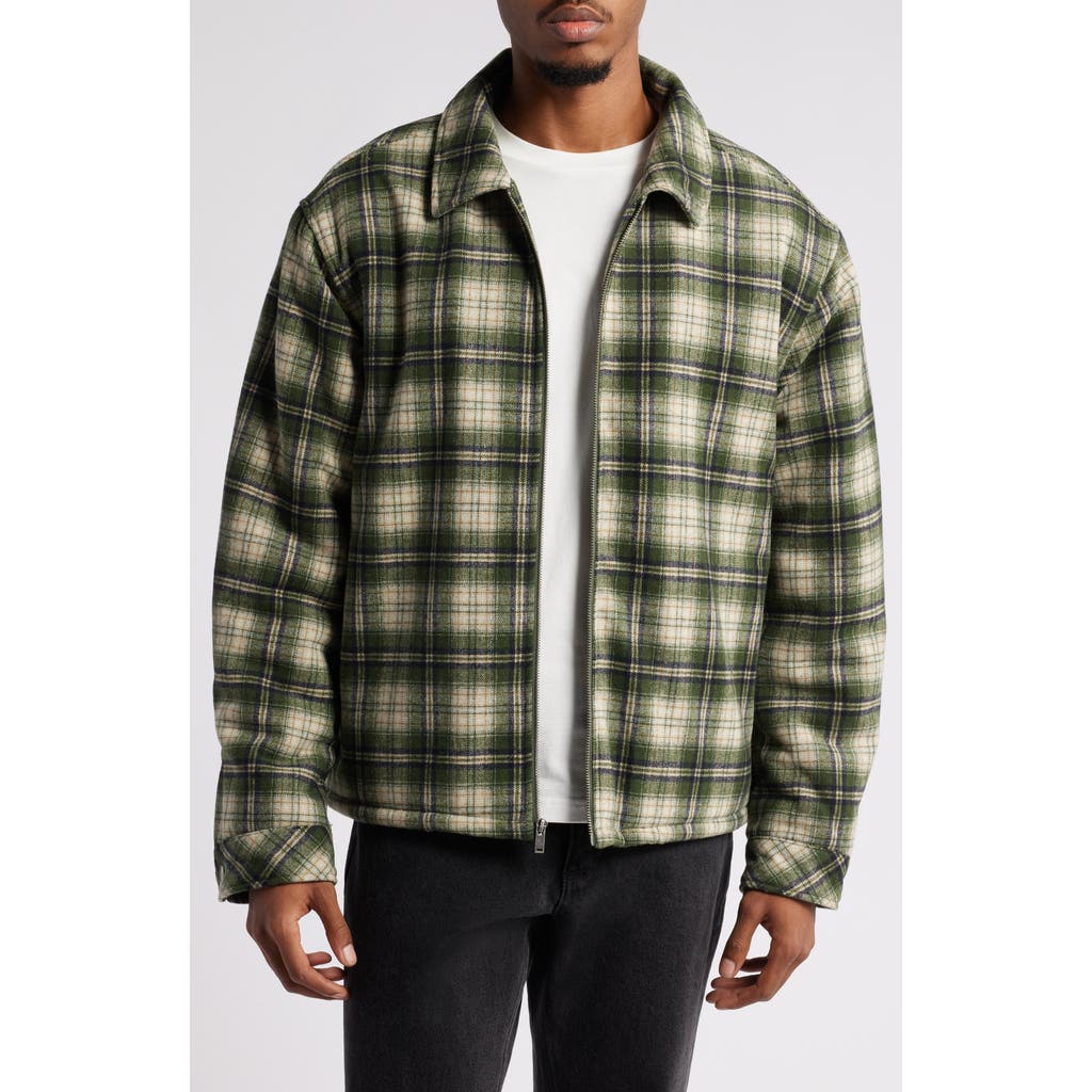 Museum of Peace & Quiet Fleece Lined Plaid Flanel Zip-Up Shirt Jacket in Olive