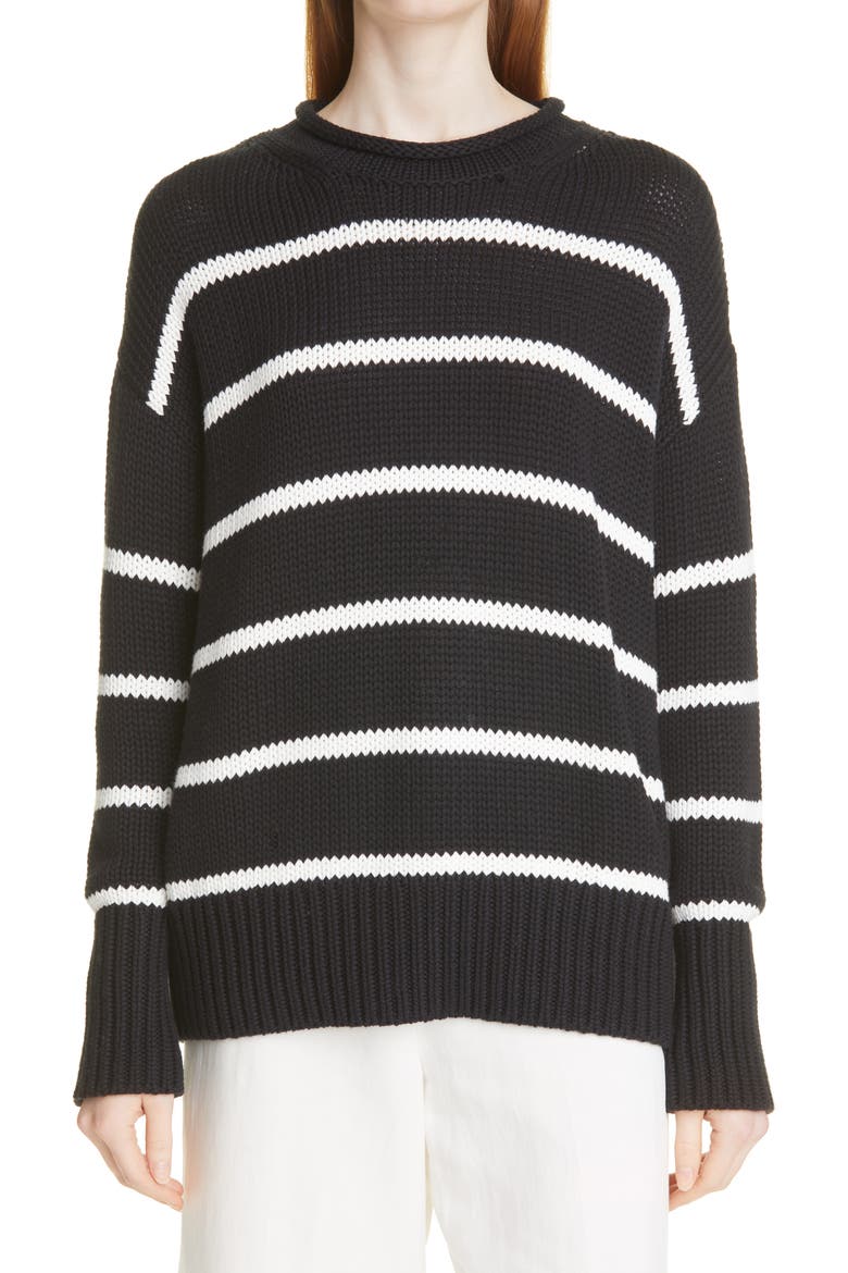 Marina Stripe Cotton Sweater, Main, color, BLACK/ CREAM