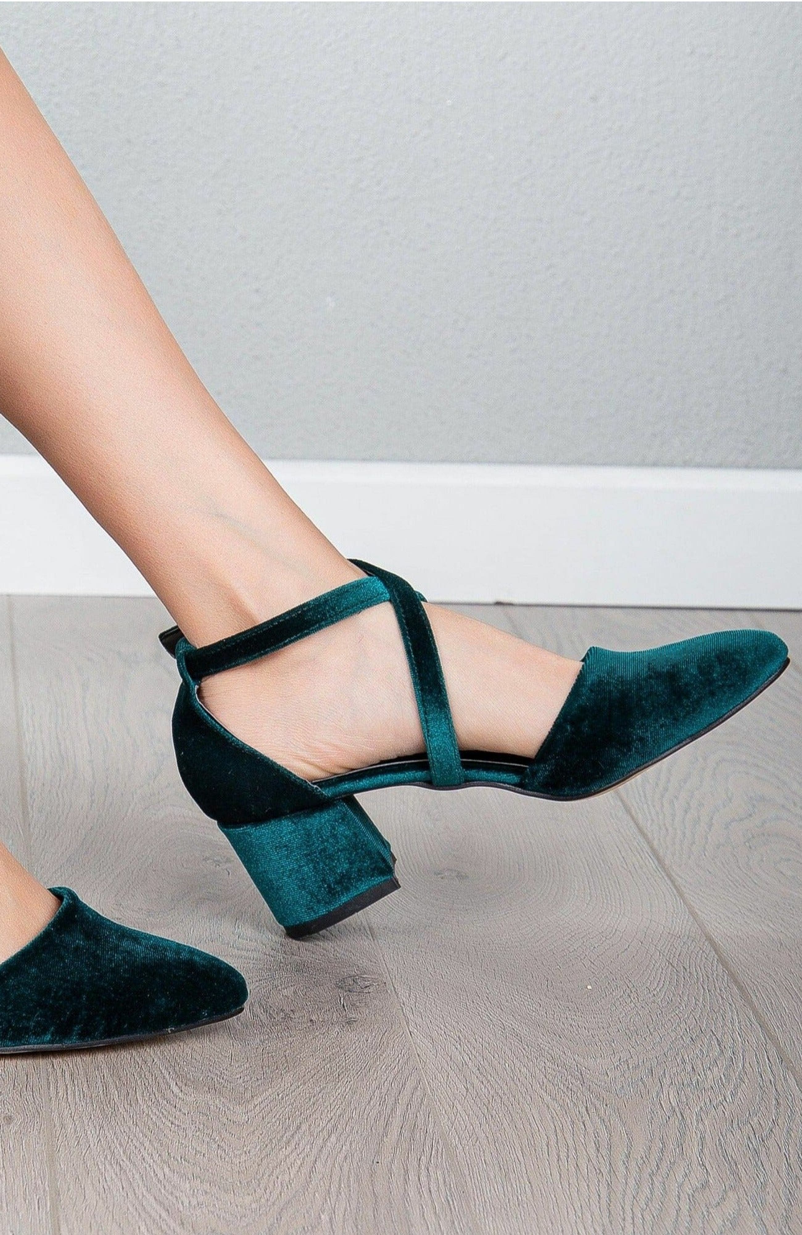 Forever & Always Shoes Dolly Low Block Heel Pumps, Alternate, color, Emerald Green Velvet