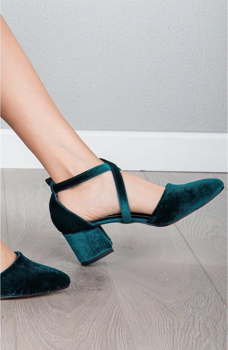 Forever & Always Shoes Dolly Low Block Heel Pumps, Alternate, color, Emerald Green Velvet