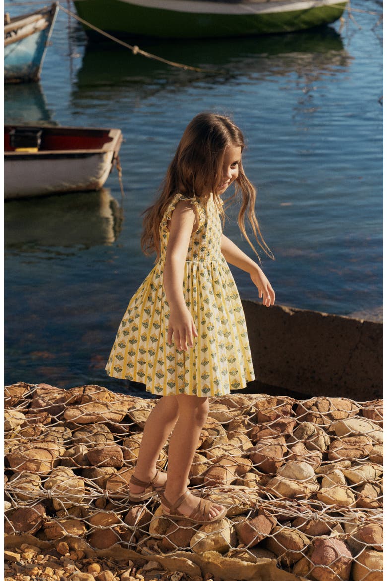 Kids' Floral Print Back Bow Dress, Alternate, color, HONEYCOMB YELLOW FLOWER STEM