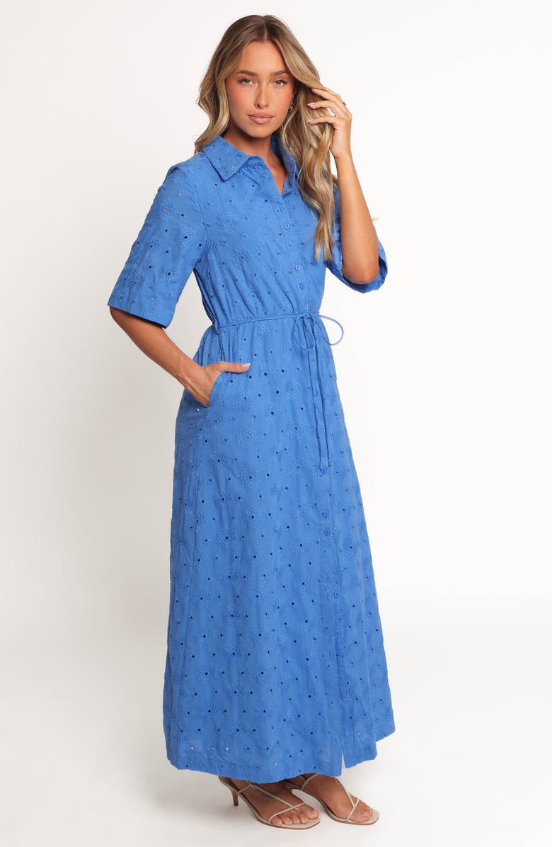 Petal & Pup Cooper Embroidered Tie Waist Maxi Shirtdress, Alternate, color, Cobalt