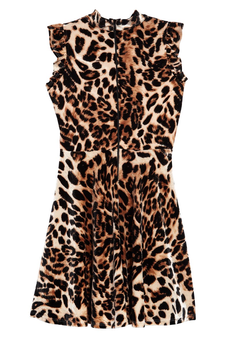 Kids' Leopard Print Velvet Skater Dress, Alternate, color, BROWN