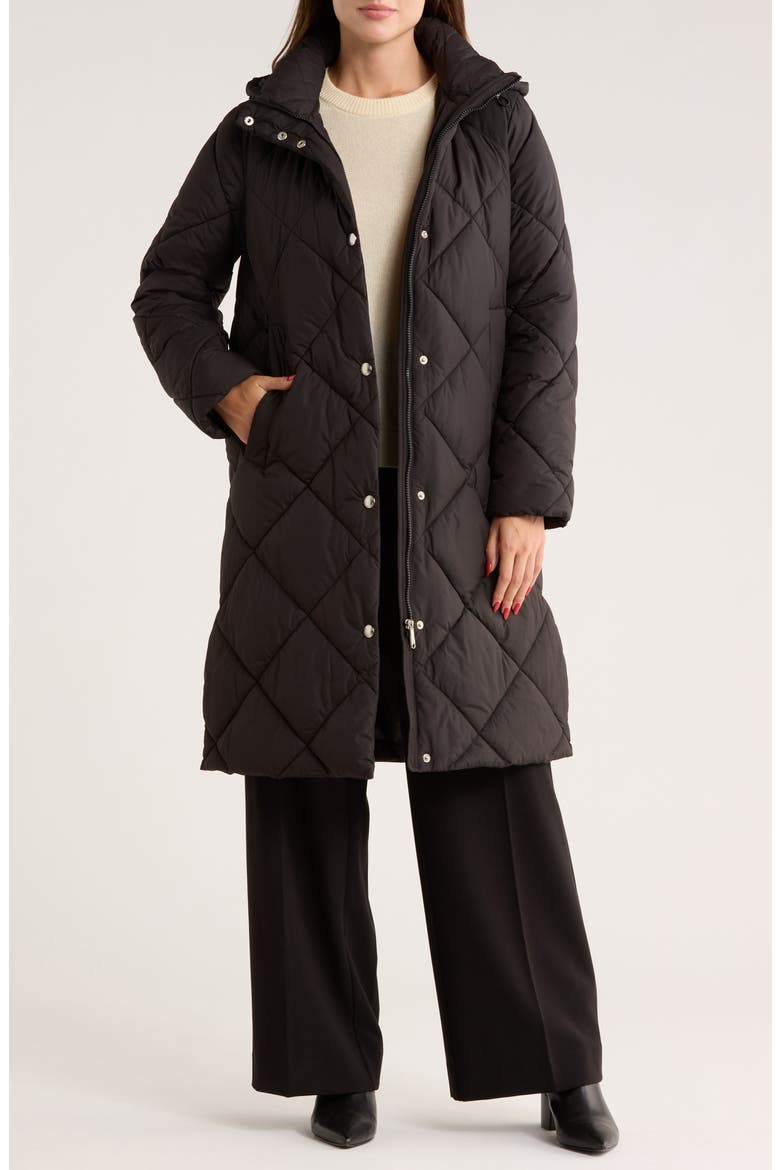 Hooded Long Quilted Puffer Jacket, Alternate, color, BLACK