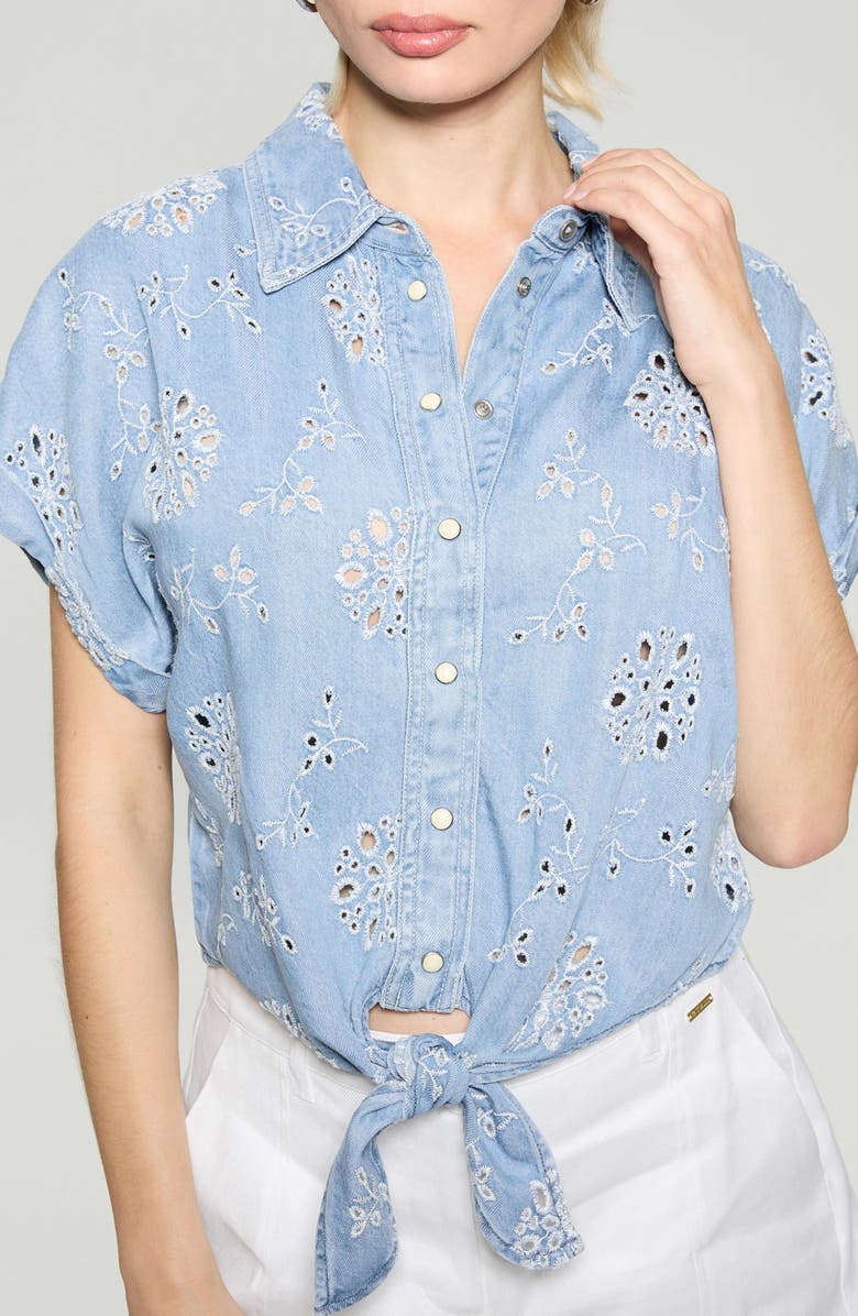 GUESS Brigitte Tie Front Eyelet Chambray Shirt, Alternate, color,