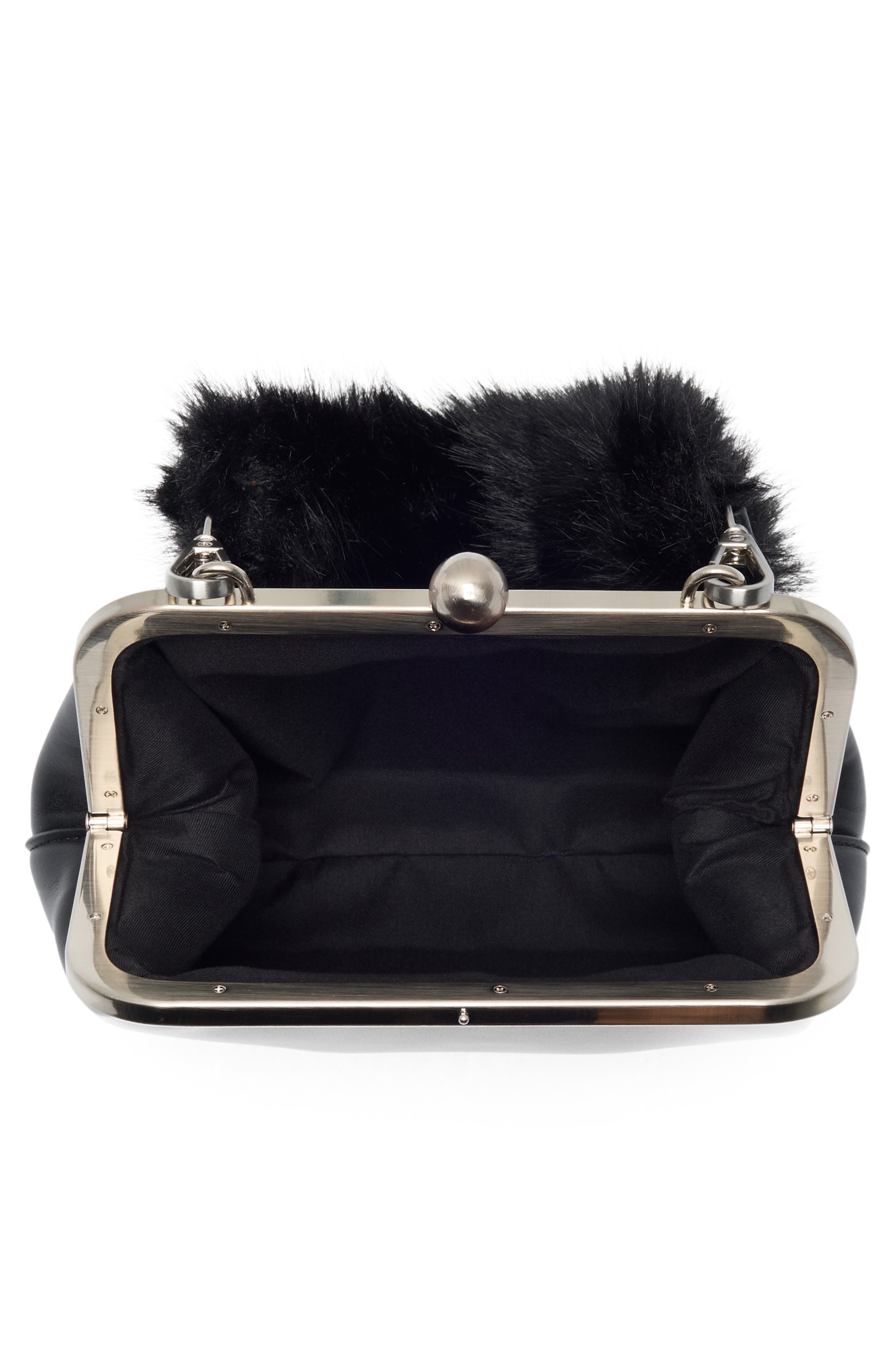 Faux Fur Handle Faux Leather Frame Clutch, Alternate, color, BLACK