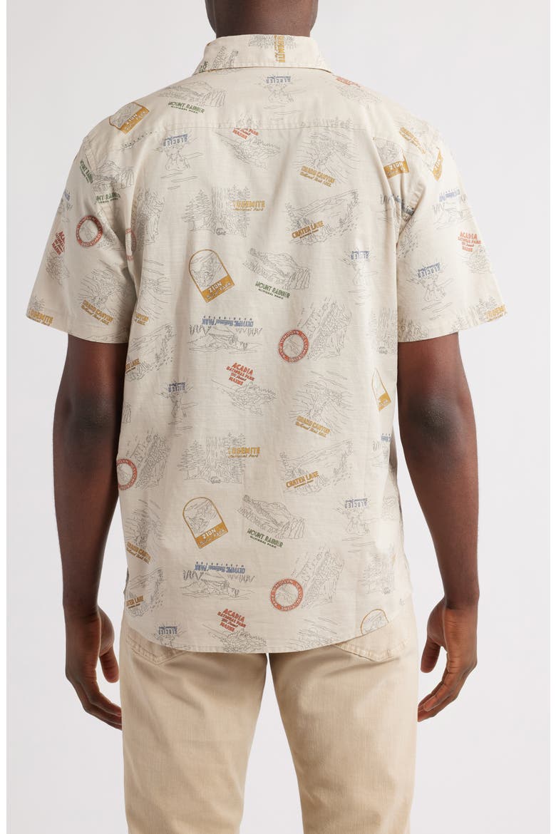 Shoreline National Park Print Short Sleeve Cotton Button-Up Shirt, Alternate, color, PARKS TAN