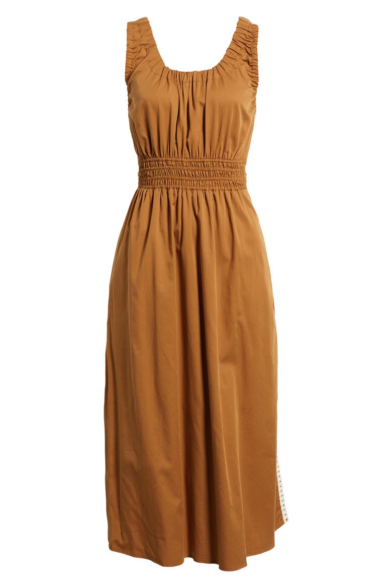 Smocked Waist Sleeveless Midi Dress, Alternate, color, BUTTER TOFFEE