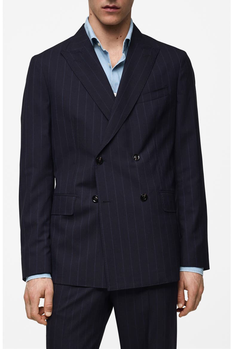 Double Breasted Pinstripe Virgin Wool Blazer, Main, color, DARK NAVY