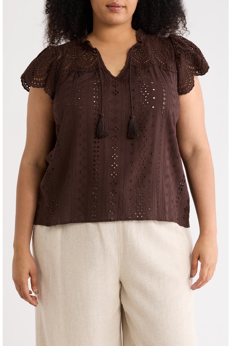 Tie Neck Eyelet Top, Main, color, GANACHE