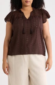 T Tahari Tie Neck Eyelet Top