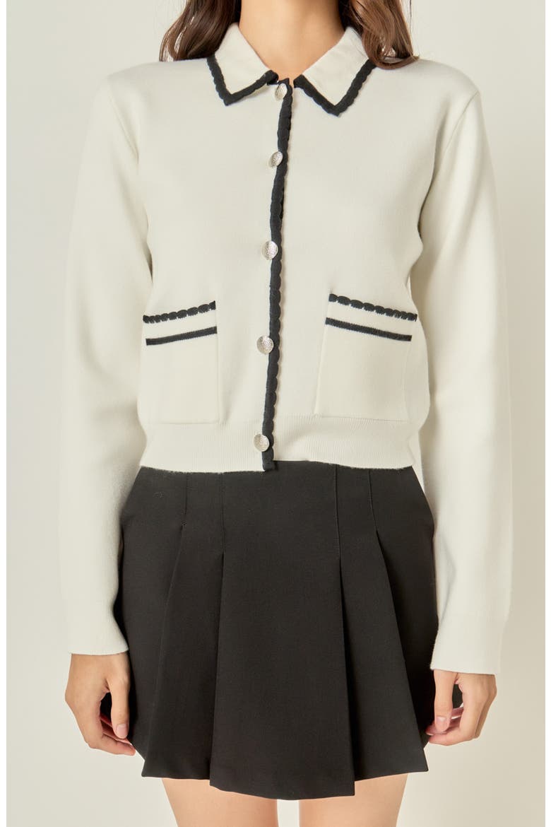 Scallop Trim Cardigan, Alternate, color, OFF WHITE/ BLACK