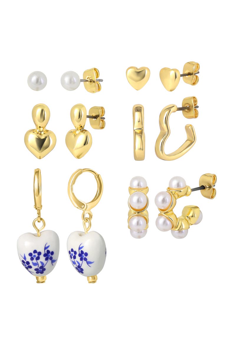 Womens Earrings Gold-Tone 6-Pack, Faux Pearl Studs and Hoops | 6-Pack, Faux Pearl Accents, Yellow Gold Tone, Heart Earrings, Feminine Jewelry, Main, color, Gold-Tone