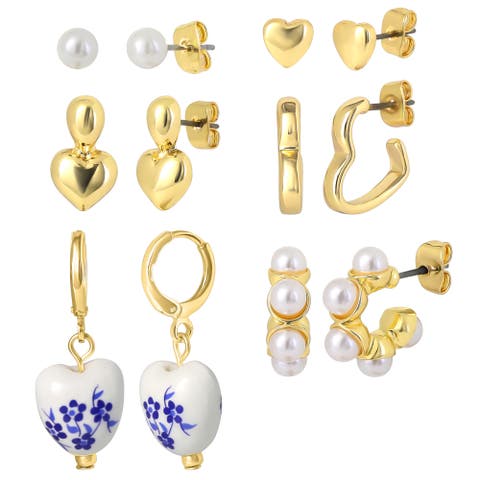 Womens Earrings Gold-Tone 6-Pack, Faux Pearl Studs and Hoops | 6-Pack, Faux Pearl Accents, Yellow Gold Tone, Heart Earrings, Feminine Jewelry