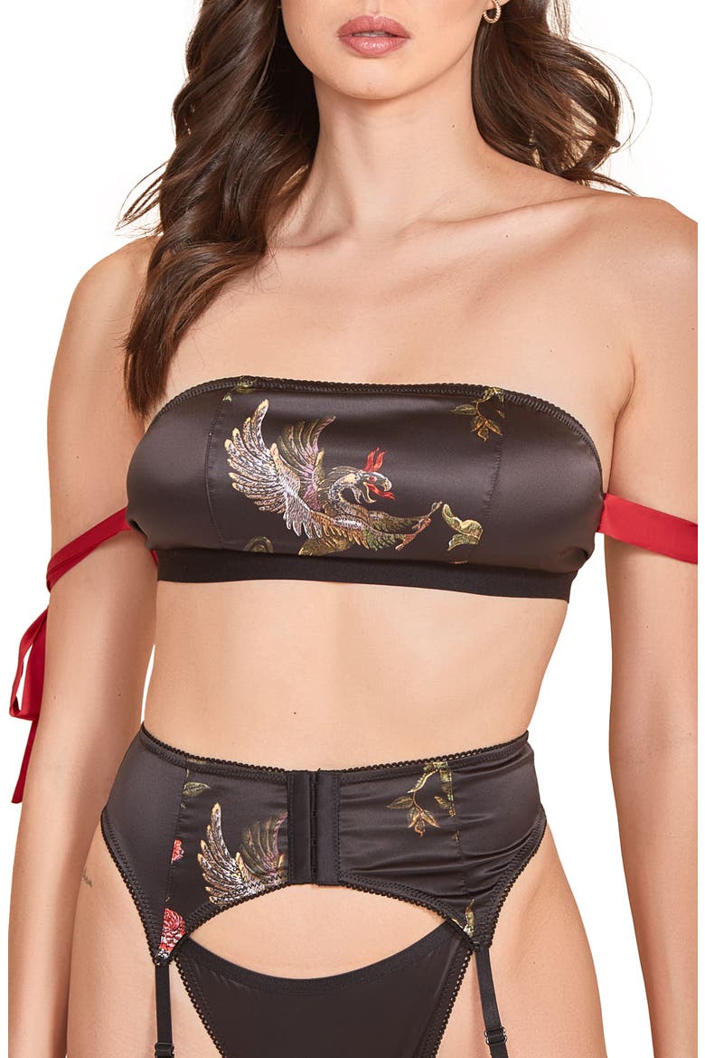 Printed Satin Bandeau Bra, Garter Belt & Thong, Main, color, RED-BLACK