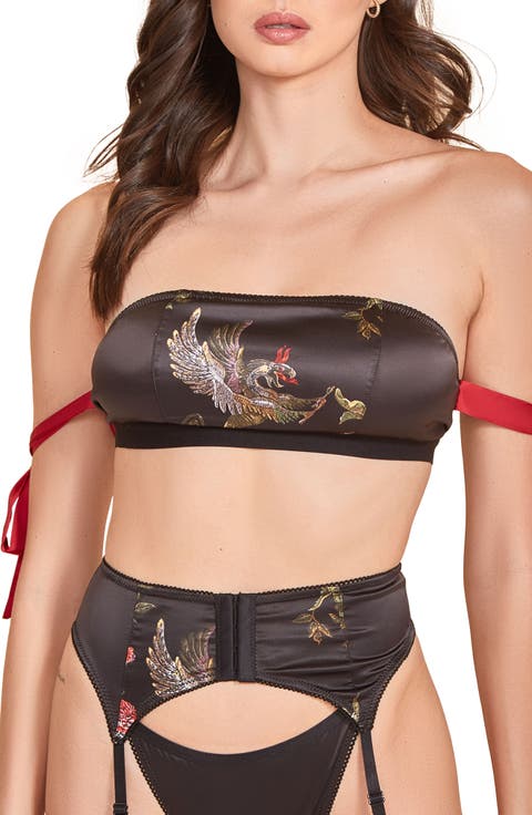 Printed Satin Bandeau Bra, Garter Belt & Thong
