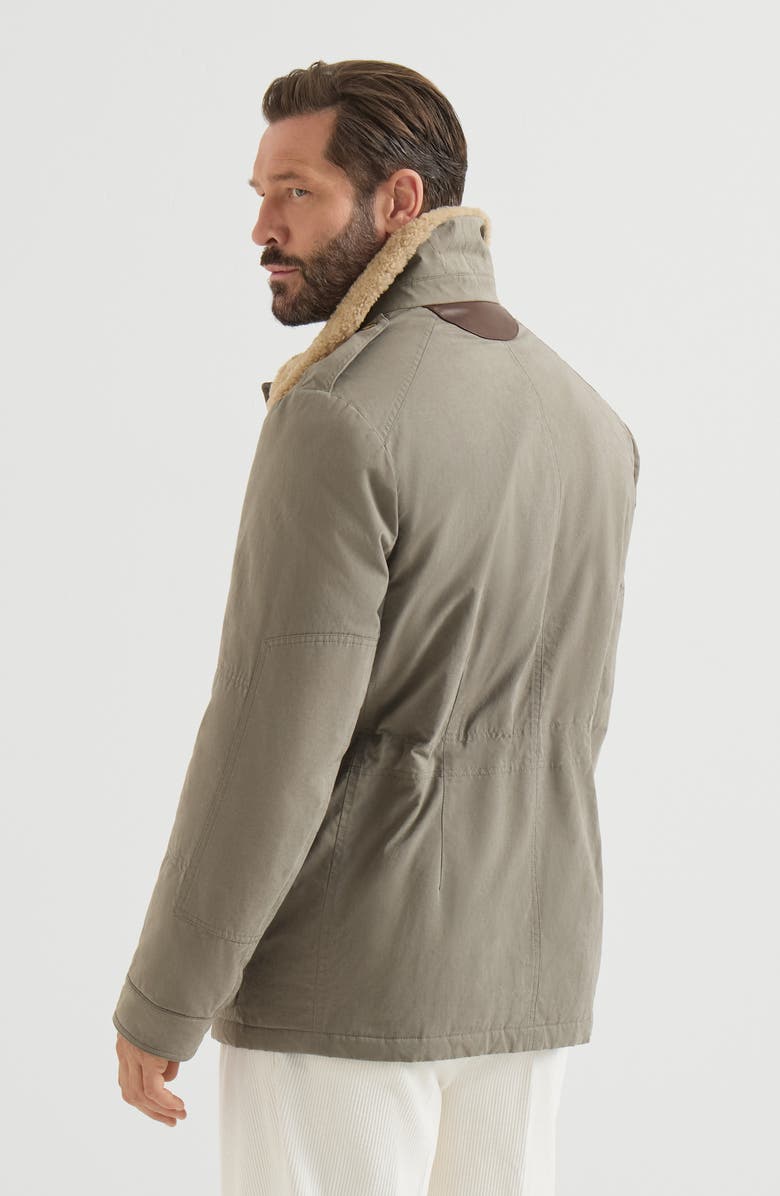 Brunello Cucinelli Waxed techno cotton safari jacket with Thermore<sup>®</sup> padding, nappa leather inserts and shearling collar, Alternate, color, Medium Grey