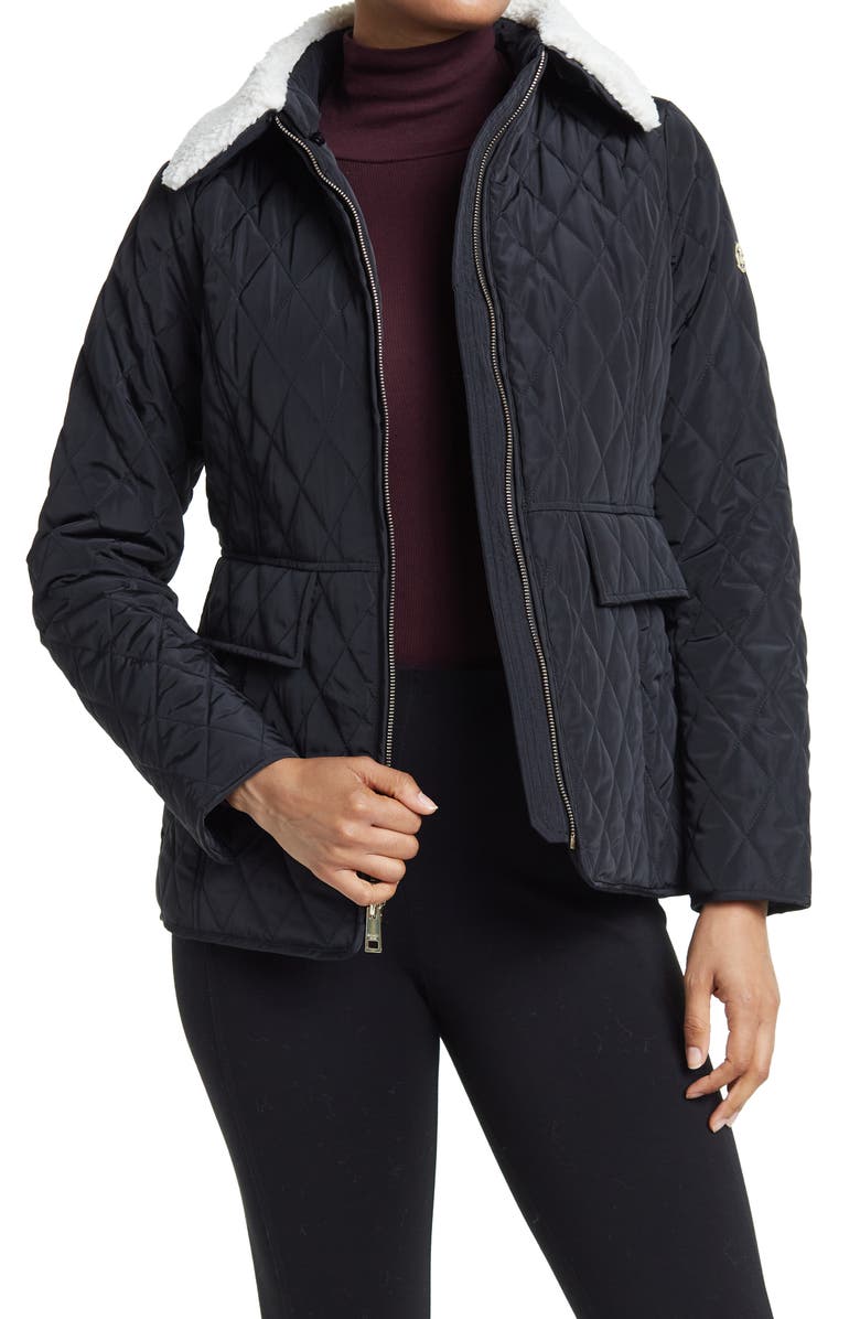 Michael Kors Missy Zip Faux Shearling Trim Quilted Jacket, Main, color,
