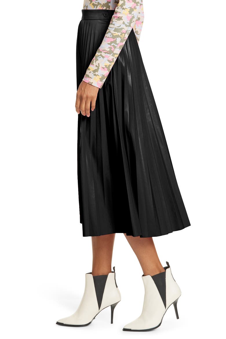 Pleated Faux Leather Midi Skirt, Alternate, color, 900 BLACK