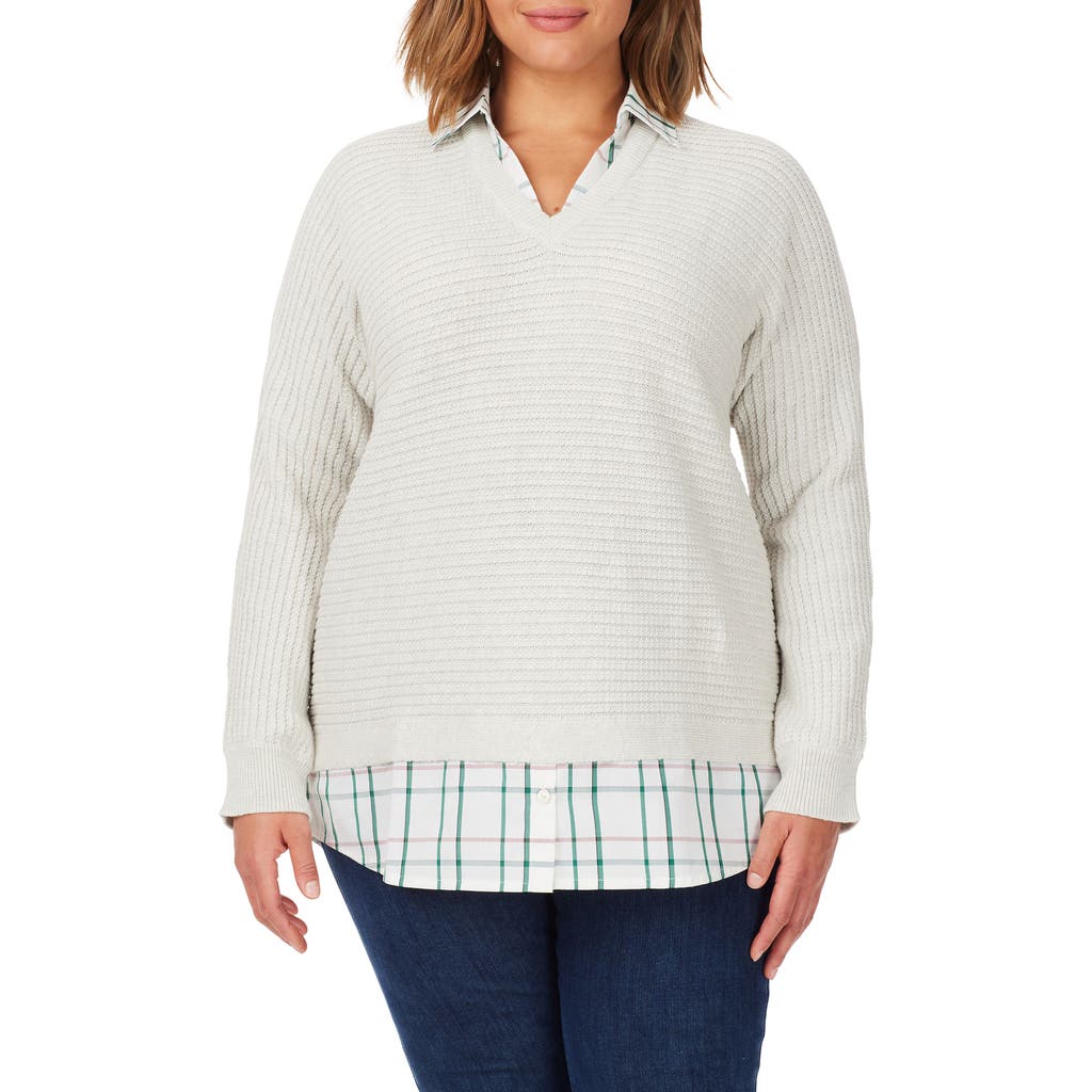 Foxcroft Layered Plaid Trim Cotton Sweater In Ivory Mult