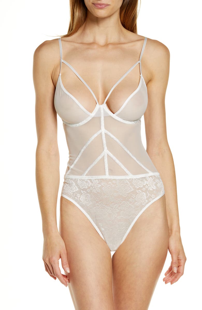 Coquette Strappy Lace Trim Teddy, Main, color, White
