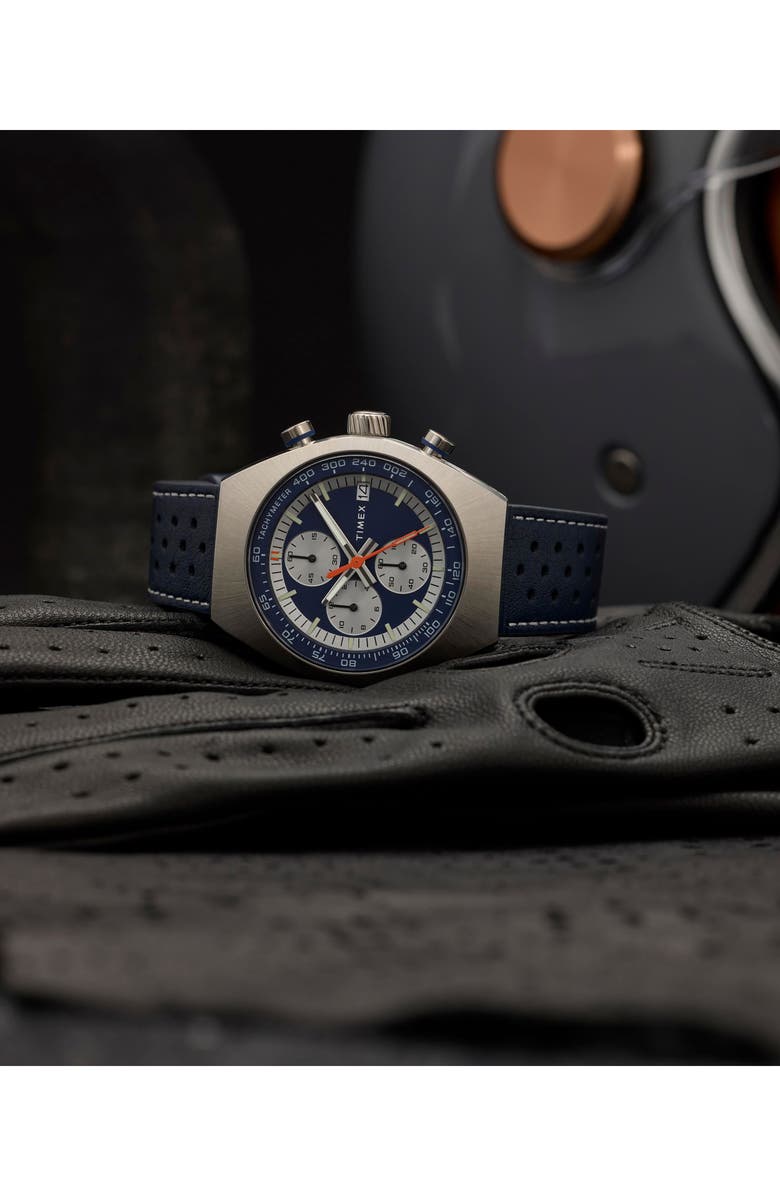 Timex<sup>®</sup> Legacy Tonneau Chronograph Leather Strap Watch, 42mm, Alternate, color, Blue