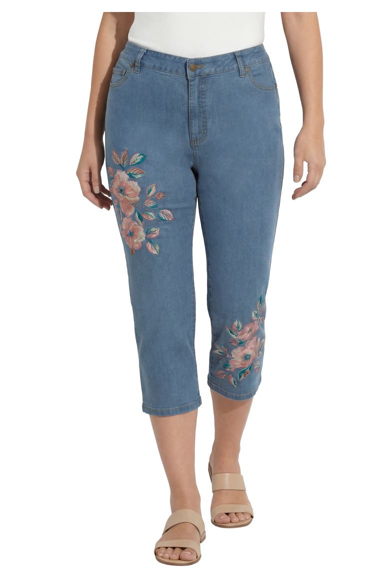 Plus Size Classic Stretch High Rise Embroidered Capri Jean, Main, color, LIGHT STONEWASH BLOOM