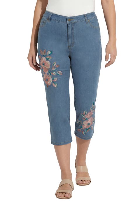 Plus Size Classic Stretch High Rise Embroidered Capri Jean