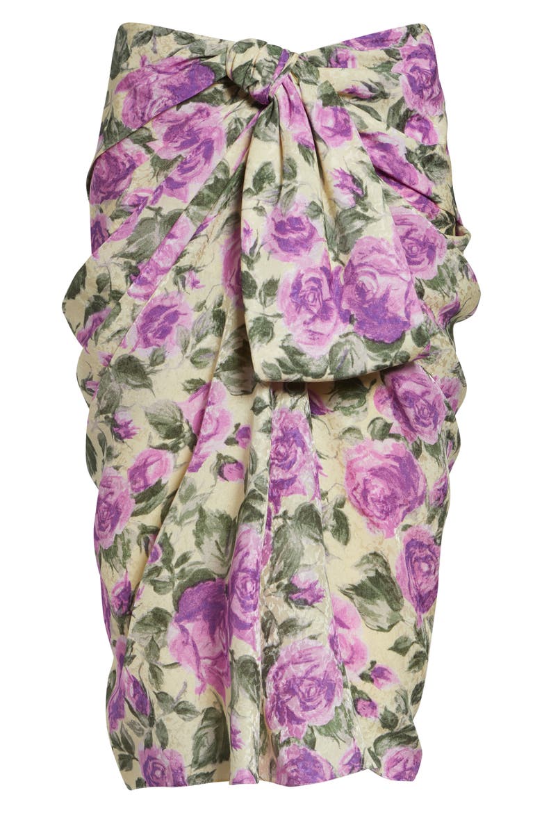 Rose Print Gathered Silk Satin Skirt, Alternate, color, YELLOW - PURPLE