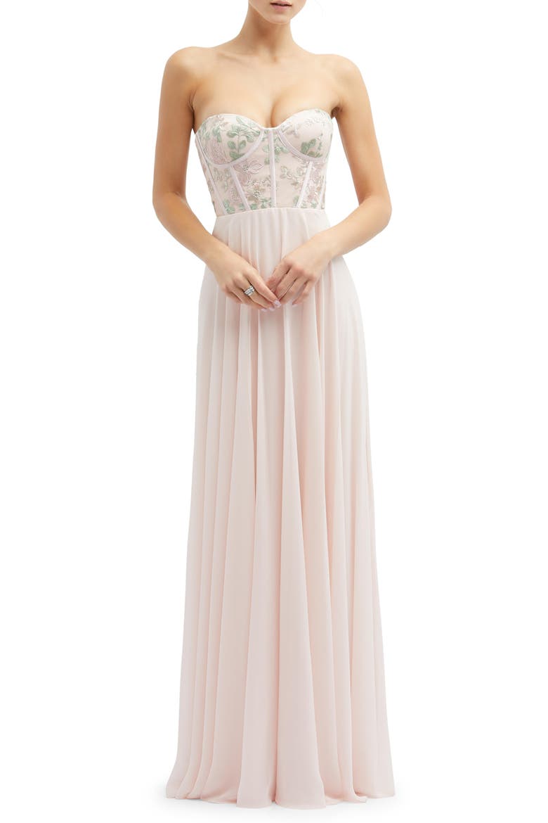 Floral Embroidered Strapless Corset Gown, Main, color, BLUSH