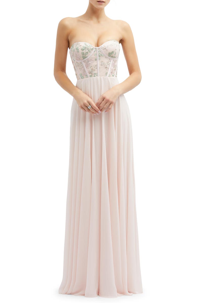Dessy Collection Floral Embroidered Strapless Corset Gown, Main, color, Blush