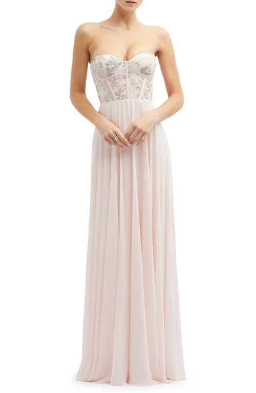 Dessy Collection Floral Embroidered Strapless Corset Gown in Blush 