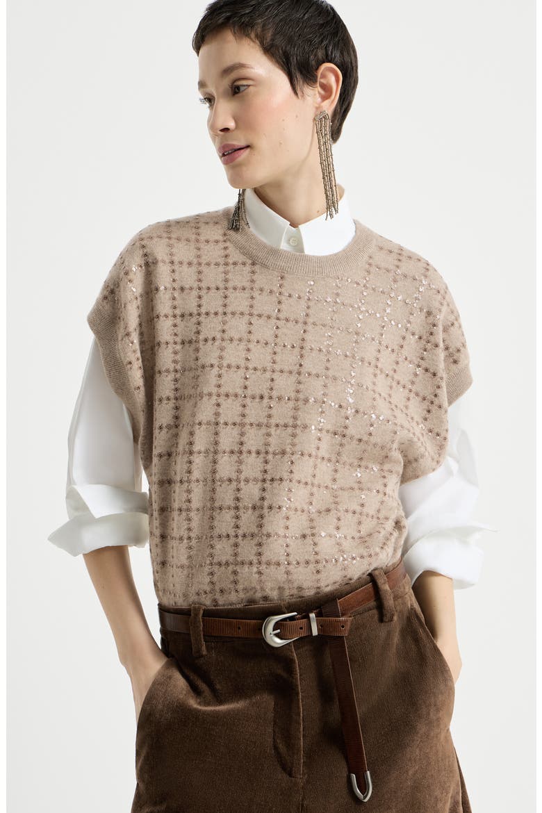 Cashmere knit t-shirt with dazzling windowpane embroidery, Alternate, color, Beige