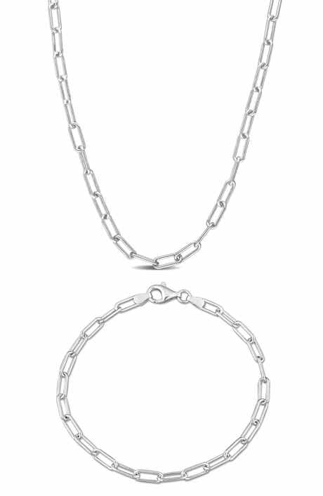 DELMAR Polished Paper Clip Chain Necklace & Anklet Set, 3.5mm