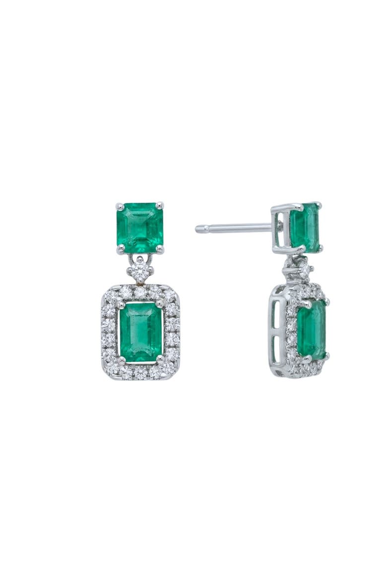 Emerald Cut Emerald & Diamond Halo Drop Earrings, Alternate, color, Green