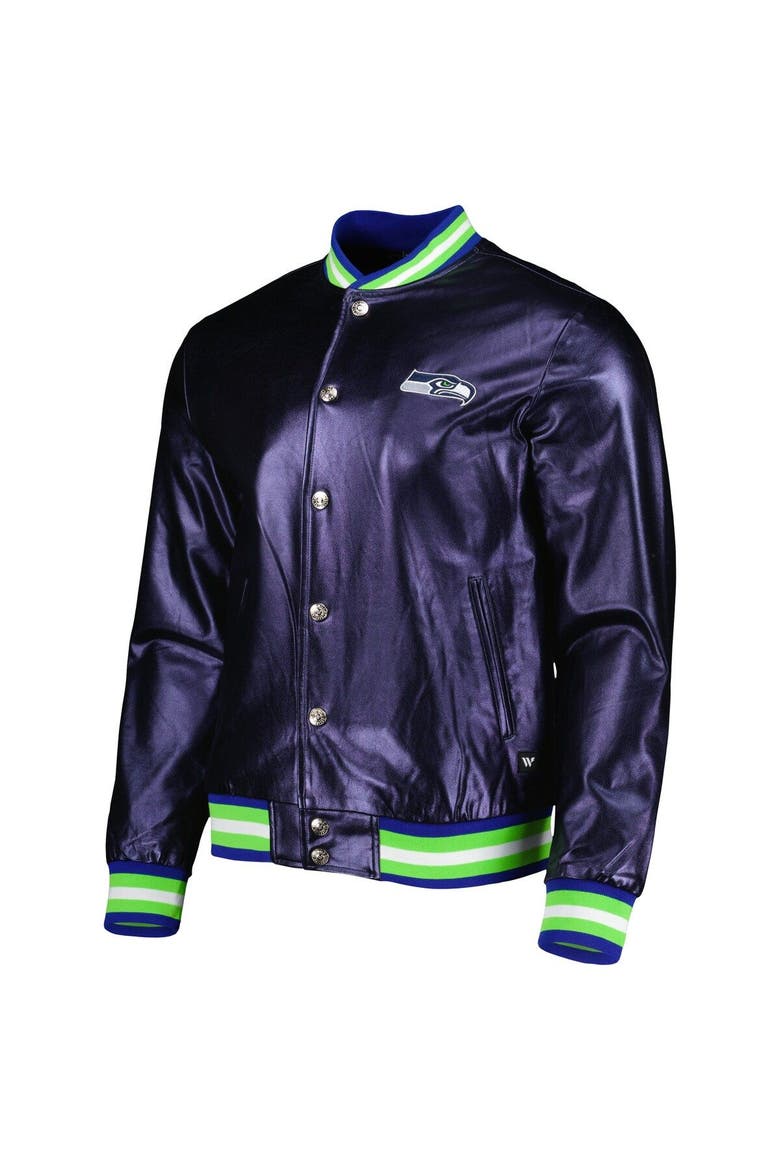 Men's The Wild Collective College Navy Seattle Seahawks Metallic Bomber Full-Snap Jacket, Alternate, color, Navy