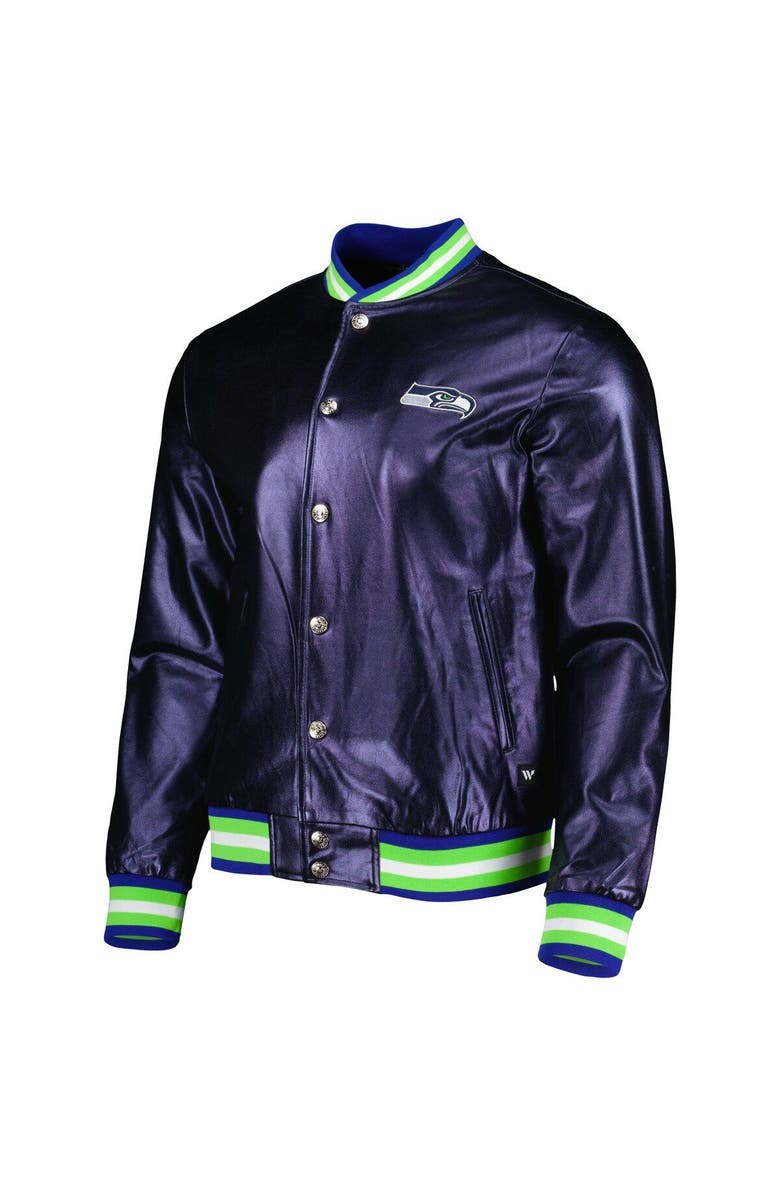 THE WILD COLLECTIVE Men's The Wild Collective College Navy Seattle Seahawks Metallic Bomber Full-Snap Jacket, Alternate, color, Navy