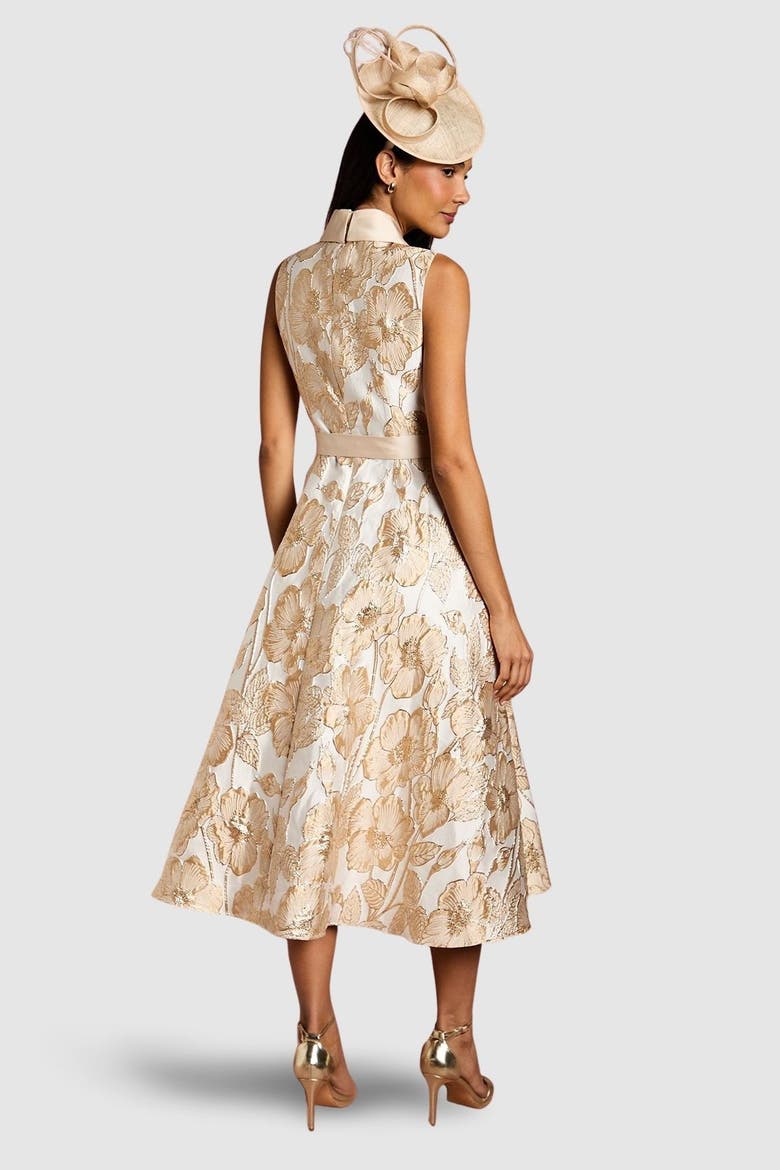 Sleeveless Tux Jacquard Midi Dress, Alternate, color, Champagne