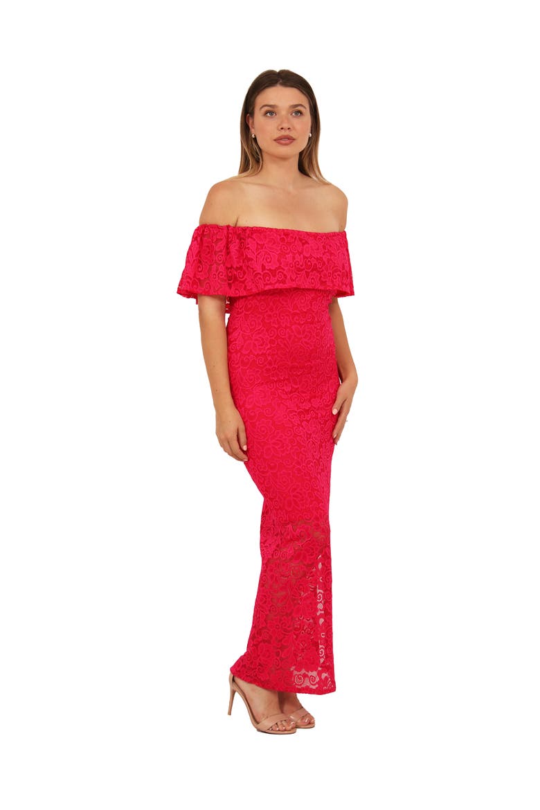 Womens Elevate Lace Off the Shoulder Side Slit Body-Con Maxi Dress, Alternate, color, Fuchsia