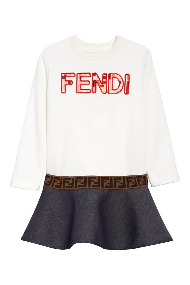 Kids' Long Sleeve Logo Dress with Denim Skirt, Main, color, WHITE BLUE