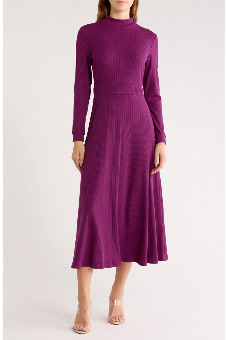 Oaklyn Long Sleeve Ribbed Fit & Flare Midi Dress, Main, color, PURPLE