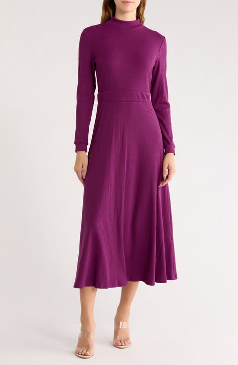 Oaklyn Long Sleeve Ribbed Fit & Flare Midi Dress