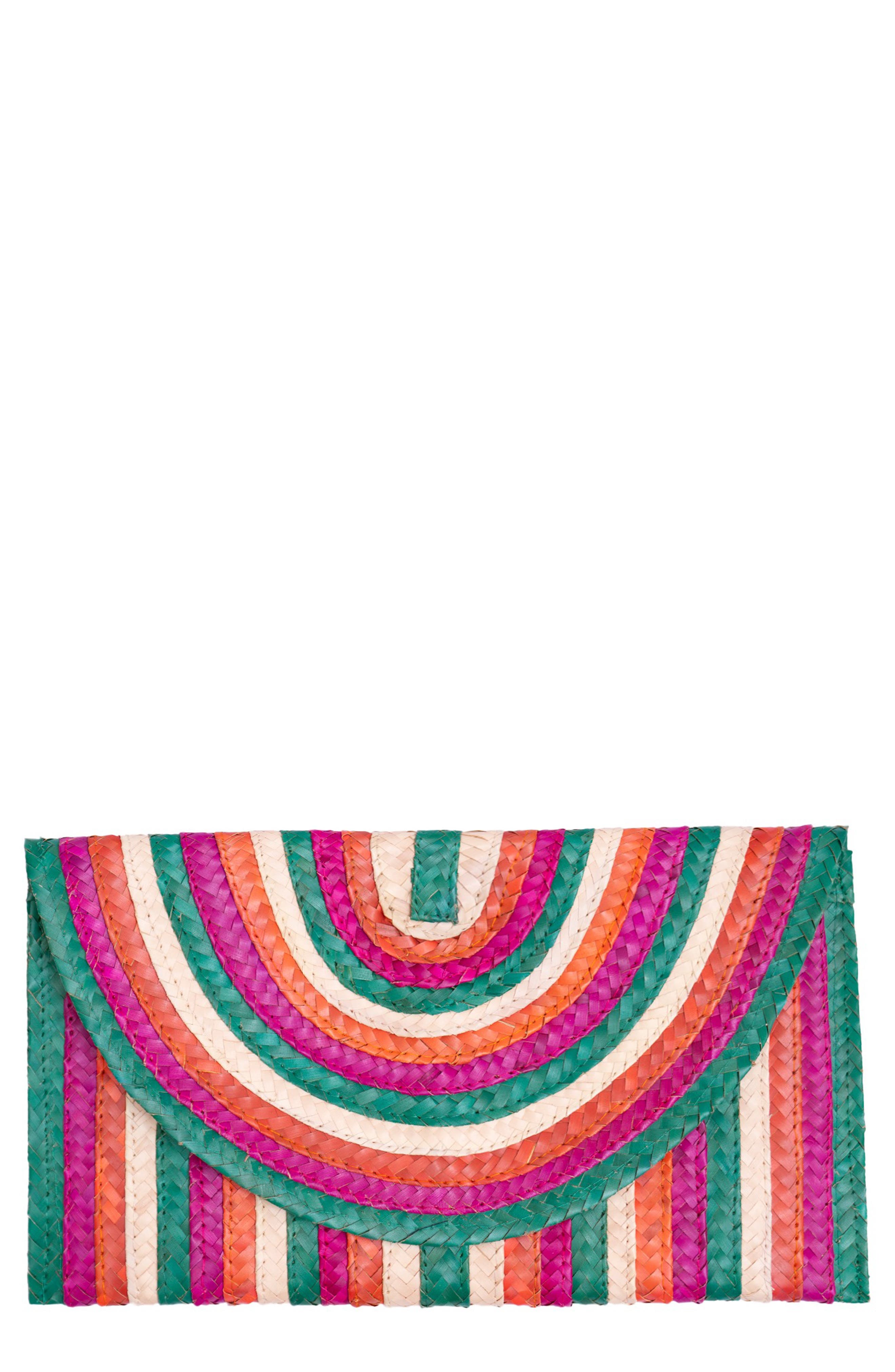 Jelavu Brooke Striped Raffia Clutch, Main, color, Green Multi