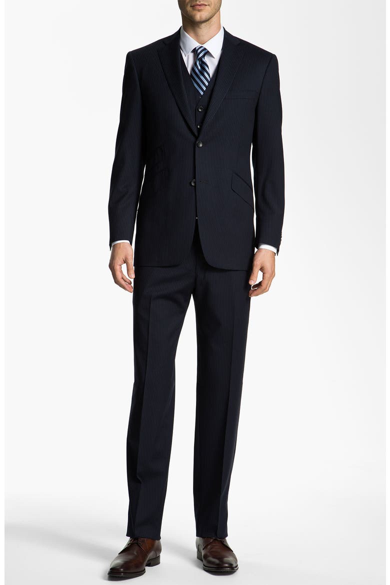 Stripe Three Piece Wool Suit, Alternate, color, NAVY STRIPE