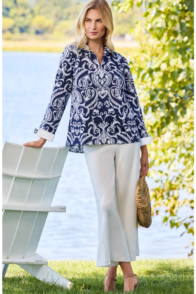 Agnes Florentine Damask Three-Quarter Sleeve Cotton Popover Top, Alternate, color, NAVY BLUE/ WHITE