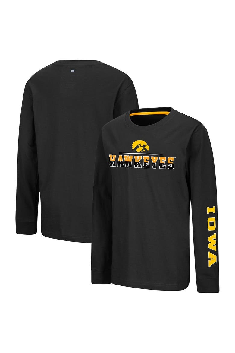 Youth Colosseum Black Iowa Hawkeyes Two-Hit Long Sleeve T-Shirt, Main, color, Black