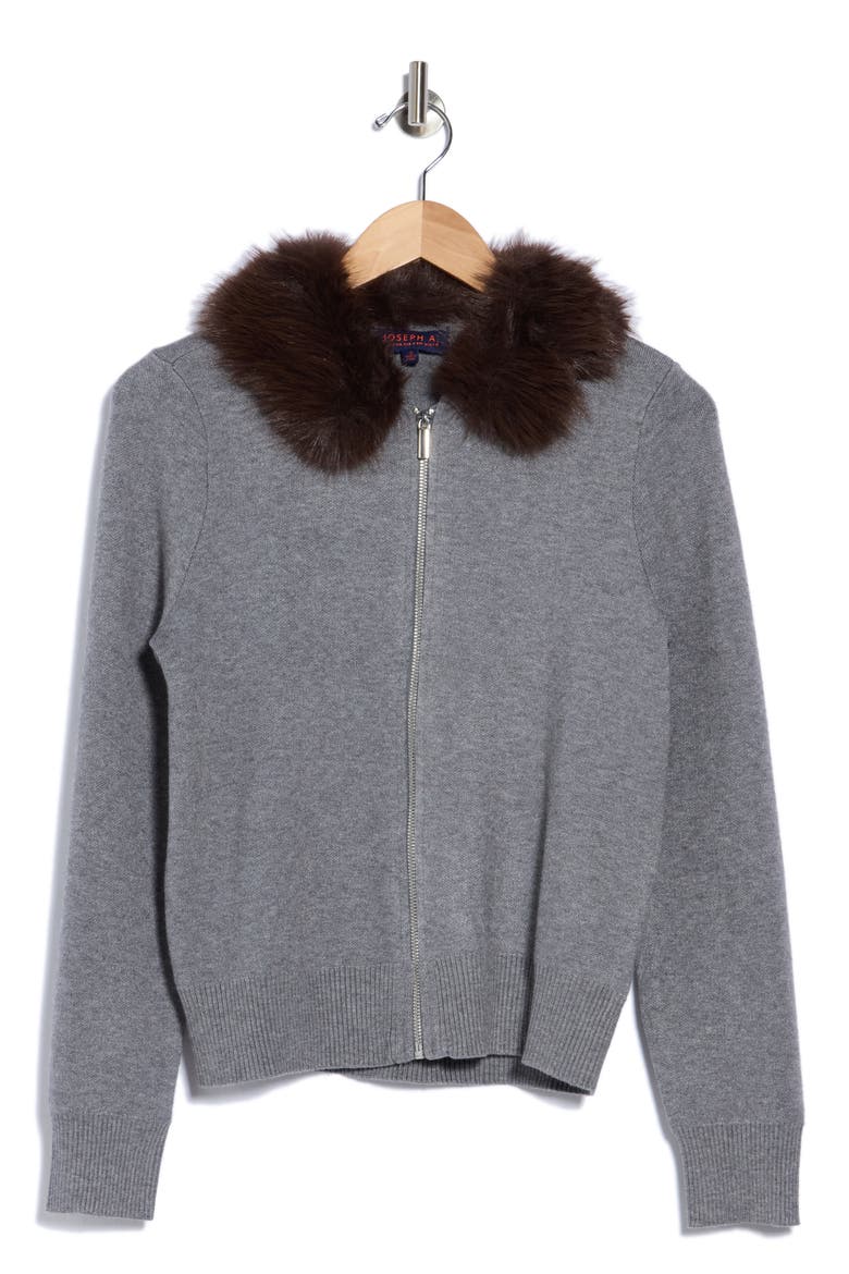 Faux Fur Collar Zip Sweater, Alternate, color, MEDIUM HTHR GREY