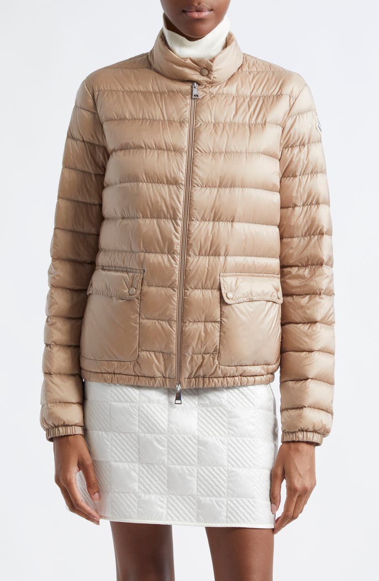 Moncler Lans Channel Quilted Down Moto Jacket, Main, color, Faded Beige