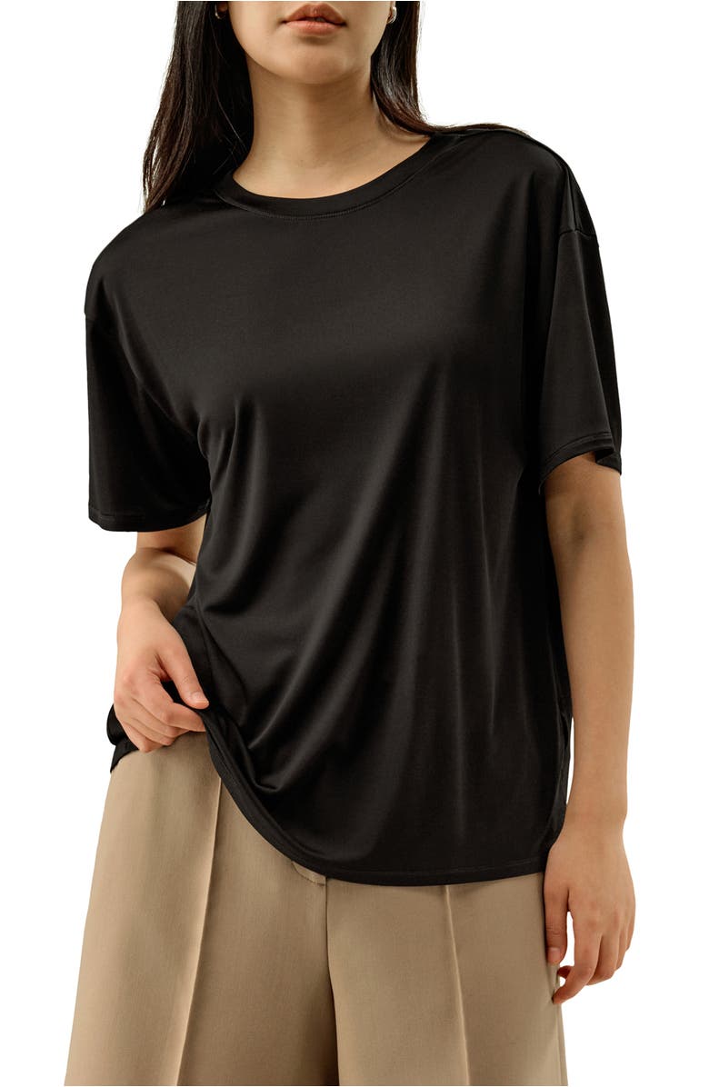 Lilysilk Oversized Silk Jersey Tee, Main, color, Black