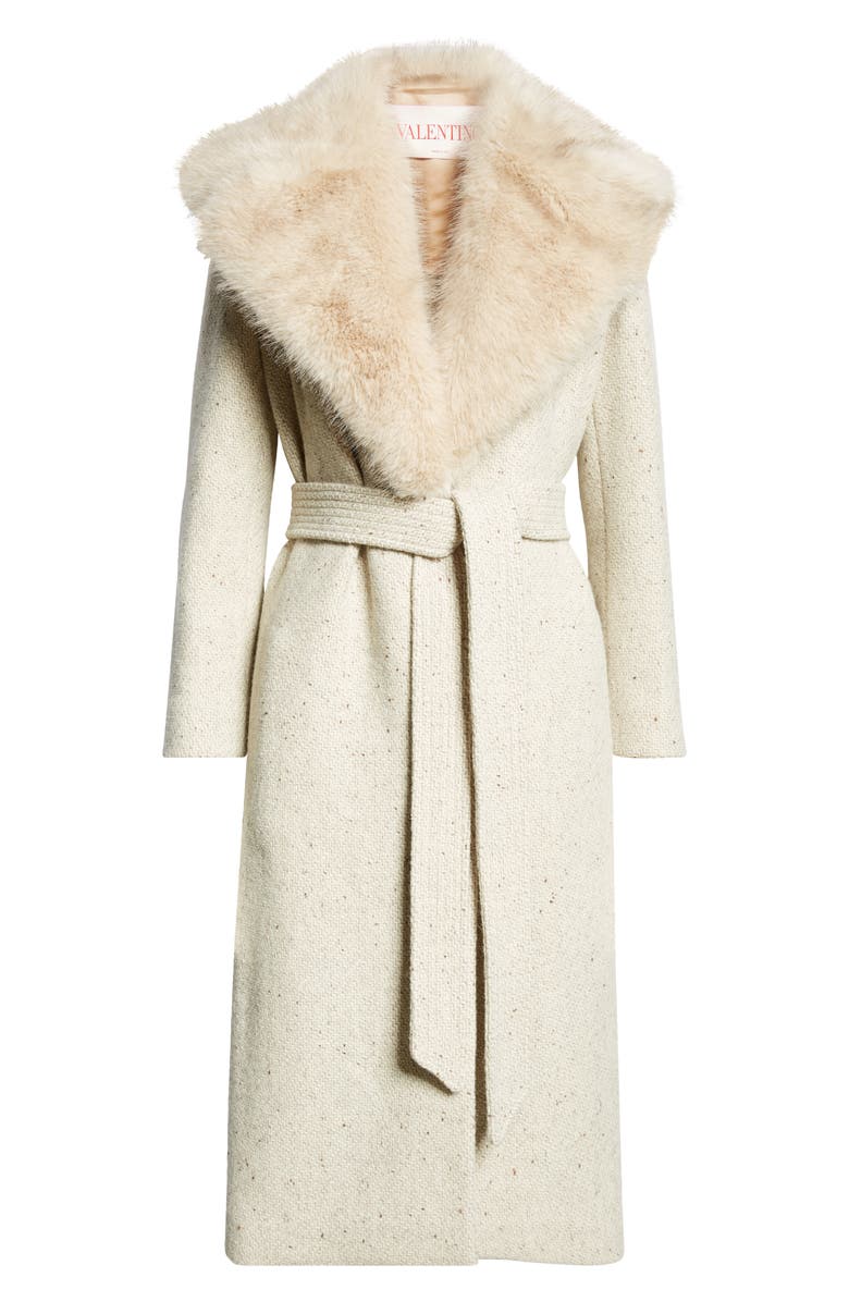 Valentino Garavani Virgin Wool Belted Coat with Faux Fur Collar, Main, color, 